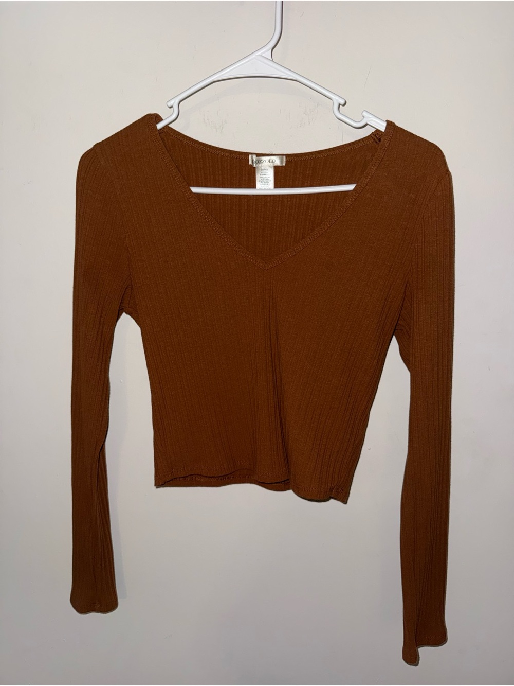 Bozzolo Ribbed V-Neck Long Sleeve Top - Chestnut Brown